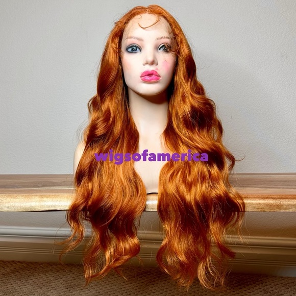 Orange ginger wig wavy layered lace front middle part 26 inch long heat ok - Picture 2 of 8